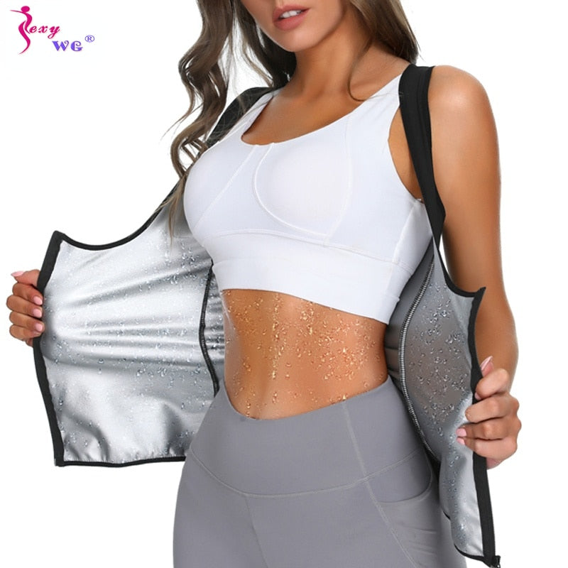 SEXYWG Women Slimming Sauna Shirt Body Shaper Waist Trainer Sweat Corset with Zipper Gym Fitness Tank Top Sport Vest Weight Loss