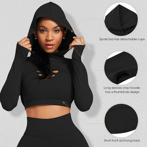 Women Three Yoga Suit Set High Waist Yoga Pants Long Sleeve Crop Top Hoodie Plain Tracksuit - GIRL BODY LUX