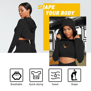 Women Three Yoga Suit Set High Waist Yoga Pants Long Sleeve Crop Top Hoodie Plain Tracksuit - GIRL BODY LUX